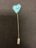 Heart Styled Broken Edge Turquoise Inlaid Sterling Silver Hat Pin