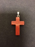 Red Earth Gemstone Carved Cross Pendant w/ Sterling Silver Bale