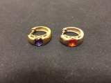 Checkerboard Faceted Amethyst & Citrine Gold-Tone Pair of Sterling Silver Huggie Earrings