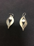 Engraved Leaf Designed Pearl Accented Pair of Sterling Silver Dangle Earrings