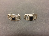 Vintage Onyx Inlaid Pair of Levelor Back Sterling Silver Earrings