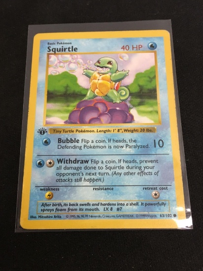 Pokemon Squirtle Shadowless 1st Edition 63/102