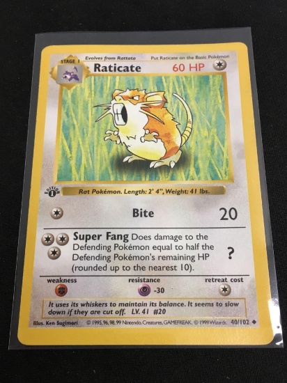 Pokemon Raticate Shadowless 1st Edition 40/102