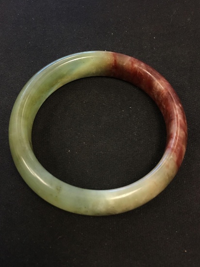 Carved Green & Red Solid Jade Bangle Bracelet 15 mm Wide x 75 mm Diameter - 55 Grams