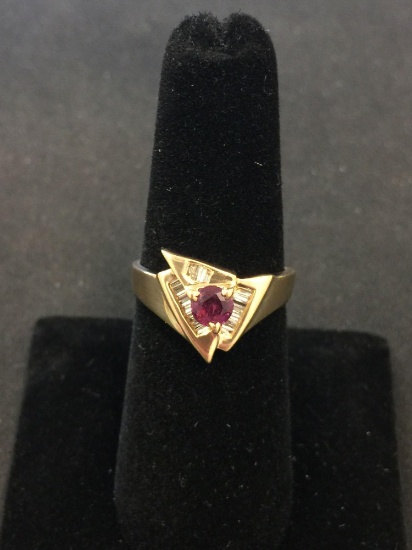 Round Faceted 4 mm Ruby & Channel Set Diamond Baguette 14K Ring Band - Size 7 - 4.3 Grams