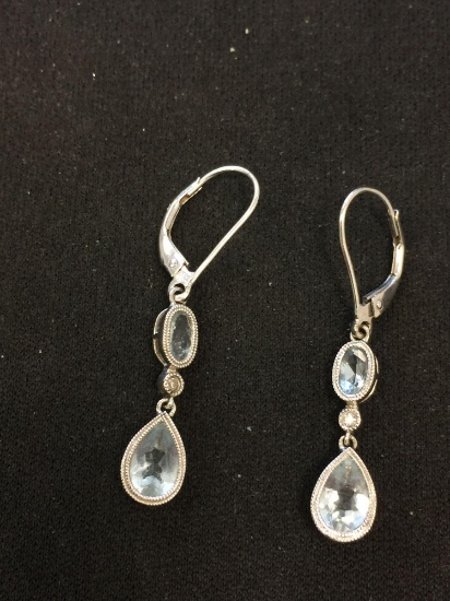 Oval & Round Faceted Aquamarine & Diamond Pair of 14K White Dangle Earrings - 2.4 Grams