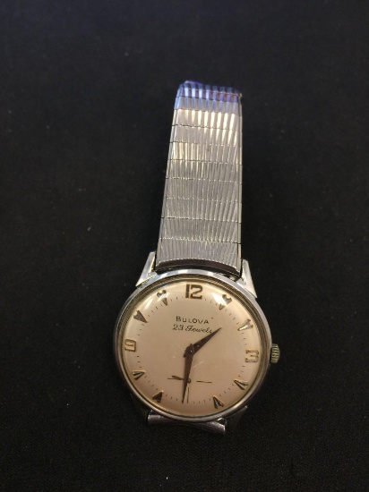 Bulova Designed 10K White Plated 33 mm Diameter Watch w/ Expandable Strap