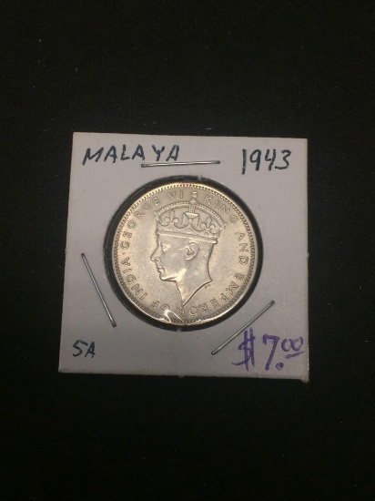 1943 Malaya 20 Cents Silver Foreign Coin - .0872 ASW