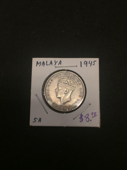 1945 Malaya 20 Cents Silver Foreign Coin - .0872 ASW