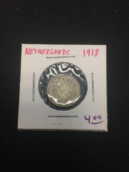 1918 Netherlands 10 Cents Silver Foreign Coin - .0288 ASW