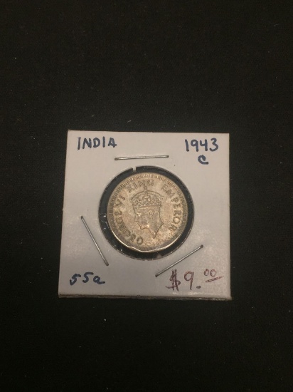 1943 India 1/4 Rupee Silver Foreign Coin - .0469 ASW