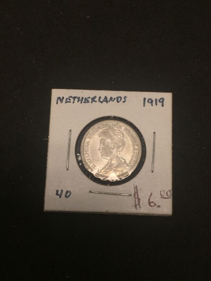 1919 Netherlands 25 Cents Silver Foreign Coin - .0736 ASW