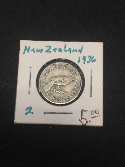 1936 New Zealand 6 Pence Silver Foreign Coin - .0455 ASW