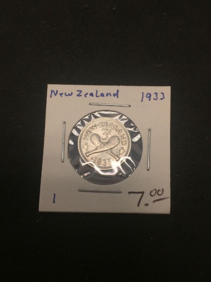 1933 New Zealand 3 Pence Silver Foreign Coin - .0226 ASW