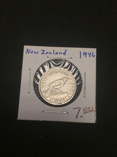 1946 New Zealand 6 Pence Silver Foreign Coin - .0455 ASW