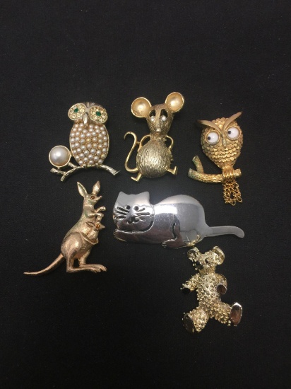 Five Various Cute Animal Themed Gold & Silver Tone Brooches
