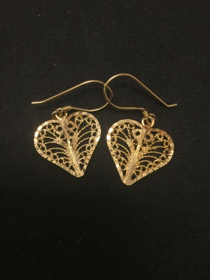 Pair of Filigree Heart 14K Gold -Tone Sterling Silver Dangle Earrings