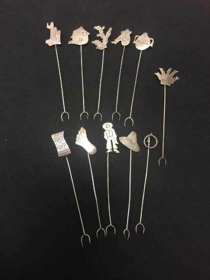 Set of Eleven Old Pawn Mexico Themed Sterling Silver Handmade Cocktail Skewers
