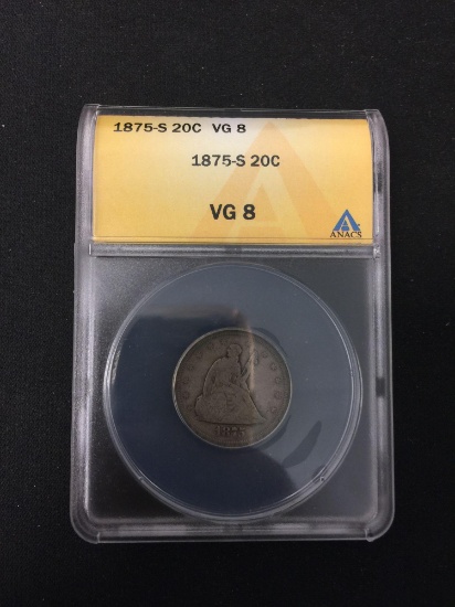 ANACS Graded 1875-S United States 20 Cent Silver Coin - Graded VG 8 - VERY RARE