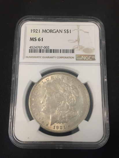 NGC Graded 1921 United States Morgan Silver Dollar - 90% Silver Coin - MS 61