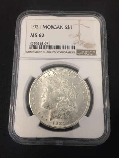 NGC Graded 1921 United States Morgan Silver Dollar - 90% Silver Coin - MS 62