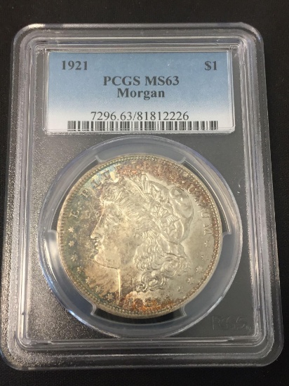 PCGS Graded 1921 United States Morgan Silver Dollar - 90% Silver Coin - MS 63