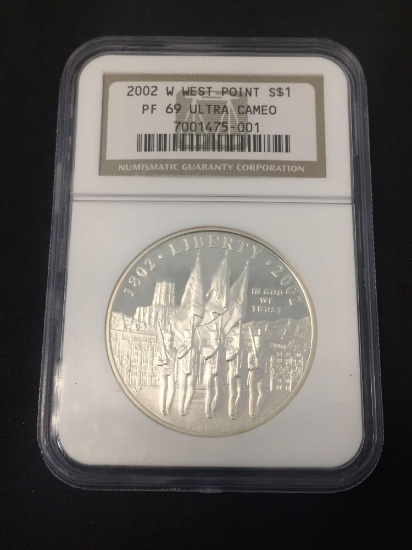 NGC Graded 2002-W West Point Silver Dollar - 90% Silver Coin - PF 69 Ultra Cameo