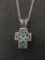 Turquoise Inlaid Vintage Heart Themed Sterling Silver Cross Pendant w/ 18