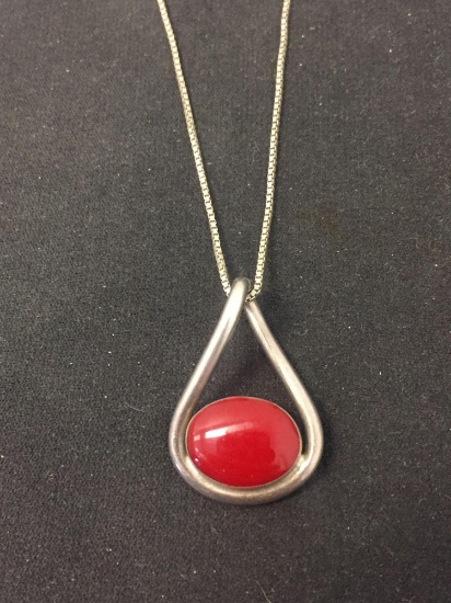 Oval 15x12mm Red Jasper Horizontal Set Cabochon Sterling Silver Twisted Pendant w/ 16" Box Chain