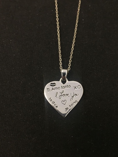 "I Love You" Inspired 17mm Wide Sterling Silver Heart Pendant w/ 18" Cable Chain