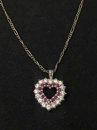 Pink & White Sapphire Accented 17mm Wide Sterling Silver Pendant w/ 18" Figaro Link Chain