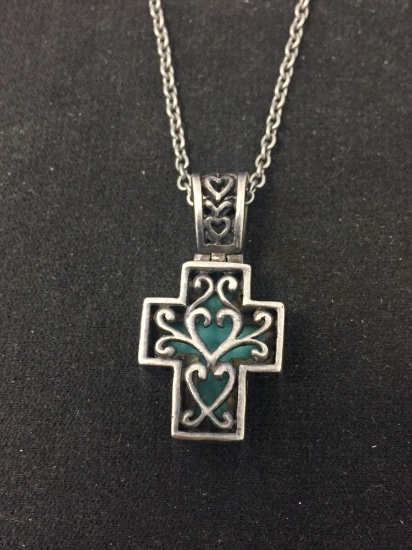 Turquoise Inlaid Vintage Heart Themed Sterling Silver Cross Pendant w/ 18" Cable Chain