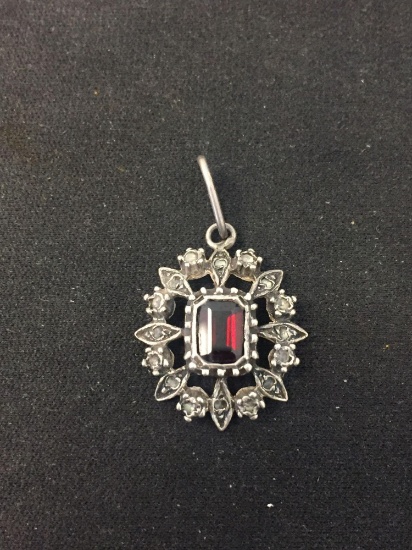 Emerald Cut Faceted 7x5mm Garnet White Topaz Accented Sterling Silver Vintage Pendant