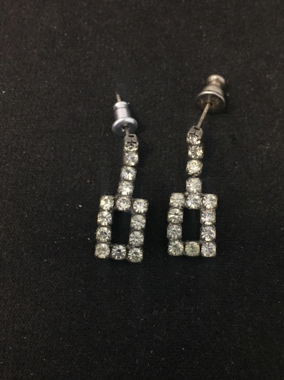 Rectangular Rhinestone Studded Pair of Sterling Silver Drop Earrings
