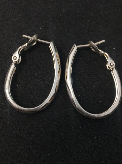 Carved SU Designed Pair of Sterling Silver 1.25" Long Hoop Earrings