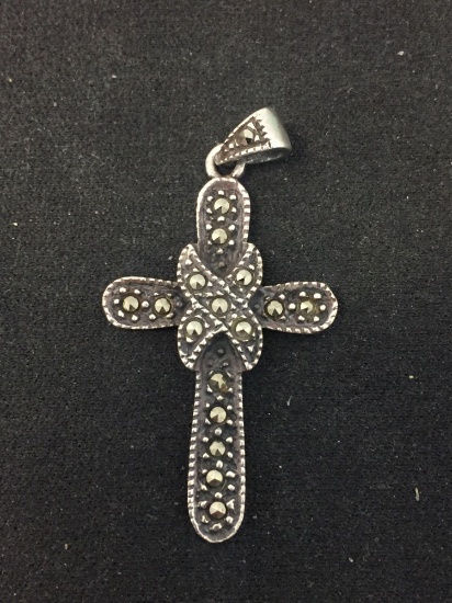 Marcasite Studded 1.5" Sterling Silver Vintage Cross Pendant