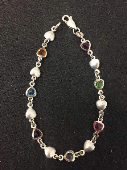 Multi Gemstone Heart Faceted Italian Made Sterling Silver 7" Tennis Bracelet