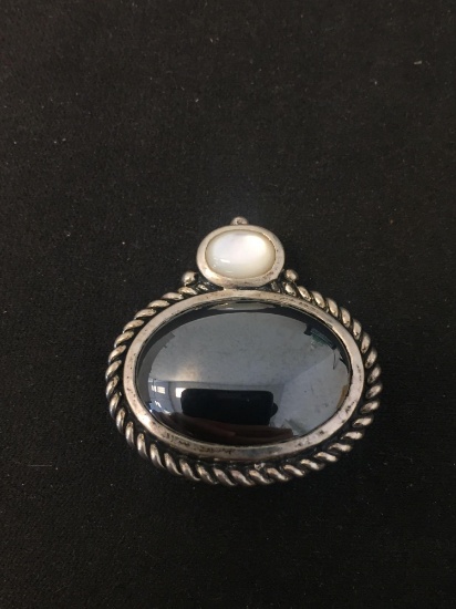 Rope Framed 23x15mm Horizontal Bezel Set Hematite Cabochon w/ Oval Moonstone Accent Sterling Silver