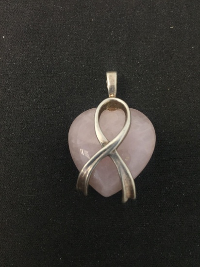 Unique 25x25mm Puffy Heart Polished Rose Quartz w/ Sterling Silver Cancer Ribbon Wrapped Accent