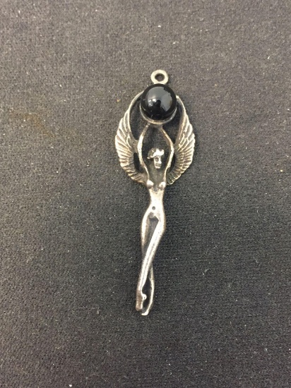 Elegant 2" Long Sterling Silver Fairy Motif Pendant w/ 6mm Onyx Bead Accent