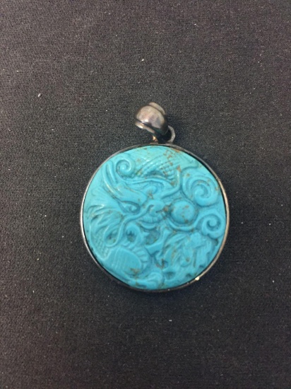 Round 25mm Asian Styled Hand-Carved Dragon Motif Turquoise Sterling Silver Pendant