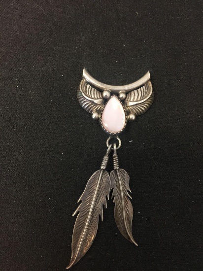 Old Pawn Native American Motif 2.75" Long Sterling Silver Twin Feather Pendant w/ 13x8mm Pink Mother