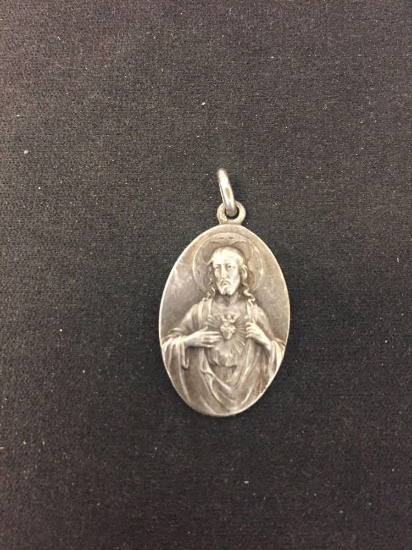 Reversible Sacred Heart Jesus Christ & Virgin Mary 25mm Oval Sterling Silver Protection Pendant