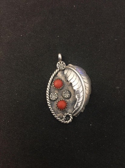 Old Pawn Native American Feather Motif Sterling Silver Pendant w/ Twin Round Red Coral Accents