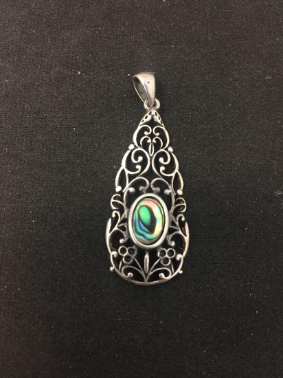 NV Designed 2" Long Vintage Filigree Lace Motif Sterling Silver Pendant w/ Oval Inlaid Abalone