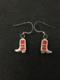 Red Coral Inlaid Pair of Cowboy Boot Motif Sterling Silver Drop Earrings
