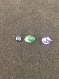 Lot of Three Loose Gemstones, Moss Agate Cabochon, Oval Faceted Tanzanite & Round Faceted Sapphire -
