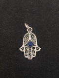 Round Lapis Inlaid Sterling Silver Hindu Hamsa Motif Pendant