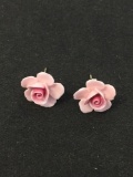 Pair of Handmade Pink Flower Blossom Pair of Sterling Silver Button Earrings