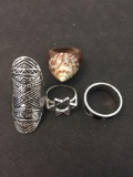 Lot of Three Various Styled Alloy Ring Bands & One Conch Shell Inlaid Wooden Ring Band